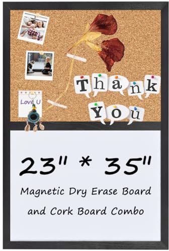 Umtiti Bulletin Board Whiteboard Cork Board Combo for Office School Kitchen Bedroom, Black Wood Frame,23.6*35.4,Whiteboard+Cork-6090BK