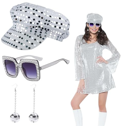 EUPSIIU 3 Pièces Tenue de Fête Disco Femmes, Accessoires Disco des années 70 80 pour Adultes Paillettes Chapeau, Lunettes de Soleil, Boucles d'Oreilles, Costume disco Argenté pour Fête à Theme (3PCS)