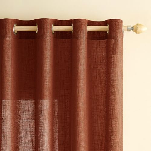 EMEMA Gardinen Vorhänge Leinenvorhang mit Ösen Voile Vorhang Leinenoptik Modern Halbtransparent für Wohnzimmer Dekoschal Kinderzimmer Schlaufenschal Küchengardinen 2er Set 140x260cm (BxH) Ziegelrot