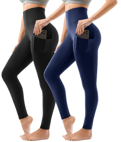 Sanpetix Lot de 2 leggings de sport pour femme, taille haute, avec poches, pour la gym, le yoga, SM, noir/gris, XXL