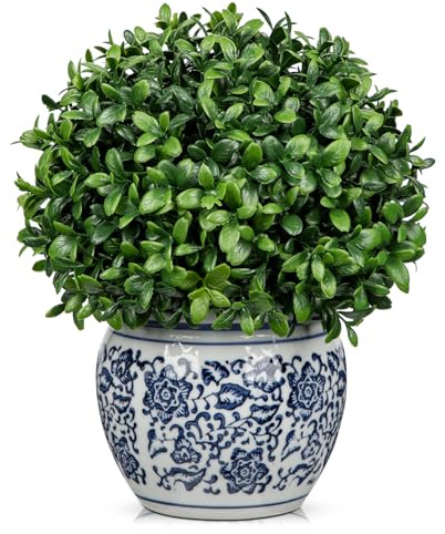 Oairse Piante artificiali palla di bosso in vaso di ceramica blu e bianco decorativo bosso piante finte topiaria piante finte in vaso per centrotavola pianta da interno casa soggiorno cucina