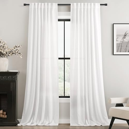 White Linen Curtains 90 inch Length for Bedroom Loop Pocket Privacy Light Filtering Semi Sheer White Boho Farmhouse Curtain 90 inch Long Drapes Cotton Textured Modern Elegant Coastal Living Room Decor