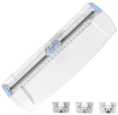 3-i-1 pappersskärare skärmaskin papper med sidolinjal orienteringsgaller och ersättningsblad multifunktionell pappersskärare för A3-, A4-, A5-papper foton vykort (blå)