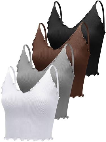 Fourluoo 4 Pcs Tank Tops for Women, V Neck Ribbed Crop Camisole Seamless Slim Fitted Spaghetti Strap Tank Tops with Ruffles(M)