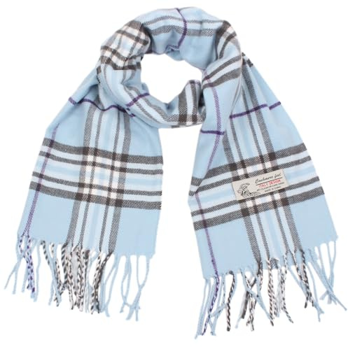 TZ Promise Écharpe d'hiver écossaise à carreaux en cachemire doux et luxueux, style classique pour hommes et femmes, bleu bébé, taille unique