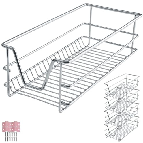 tectake® Set of 4 Pull-Out Drawer Baskets with Telescopic Rails, Wire Storage Baskets in Chrome-Plated Steel, Easy Assembly, Ideal Cupboard Organiser for Kitchen, Bedroom, Bathroom, Pantry - W30 cm