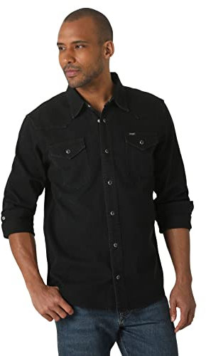 Wrangler Iconic Jeanshemd mit Druckknöpfen für Herren, reguläre Passform, Schwarz Denim, L
