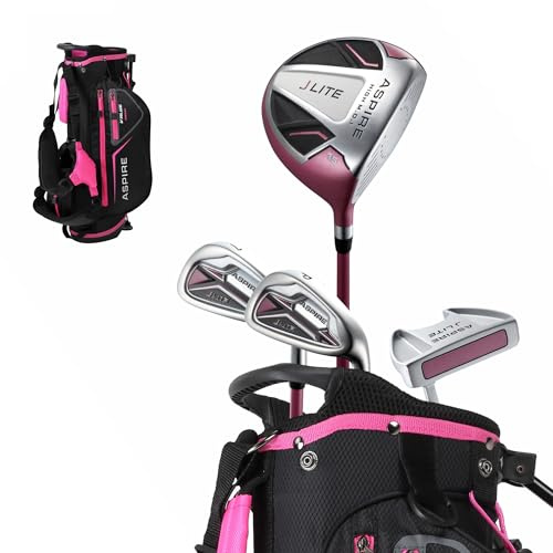 Aspire X-Lite Super Performance Junior Golf Club Set - Right-Handed Kids Golf Set with Driver, Hybrid, 7 Iron, Putter, Stand Bag & Headcovers - Pink Ages 3-5