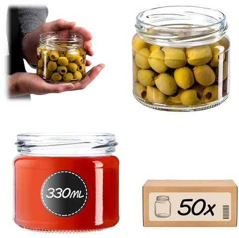 KADAX Konserveringsburkar med skruvlock, Förvaring Syltburkar 330 ml, förvaringsburkar för sylt, konserveringsdörrar, honung, glas med skruvlock (utan lock/50 stycken)