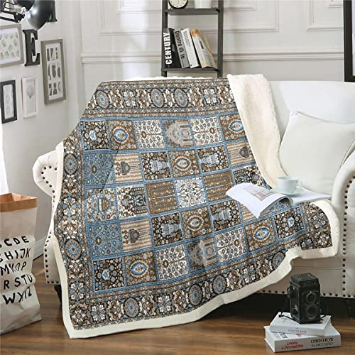 Coperta orientale Sherpa vintage patchwork coperta marrone persiana cucciolata coperta per sedia 130 x 150 cm boho mandala coperta in tessuto non tessuto, estetica hippie coperta in peluche per la