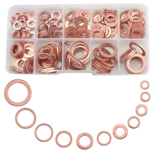 Lot de 255 rondelles en cuivre assorties, 11 tailles différentes, kit de rondelles plates en métal pour vis et boulons, ensemble de joints d'étanchéité en cuivre pour bouchon de puisard