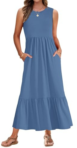 AUSELILY Summer Long Dresses for Women UK Maxi Beach Dresses Tank Top Swing Tiered Casual Dresses with Pockets Beja Blue M