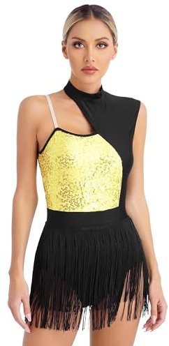 TTAO Body de danza para mujer, sin mangas, patinaje artístico, leotardo con flecos, body de gimnasia, ballet, leotardo latino, traje de ballet, dorado, XL