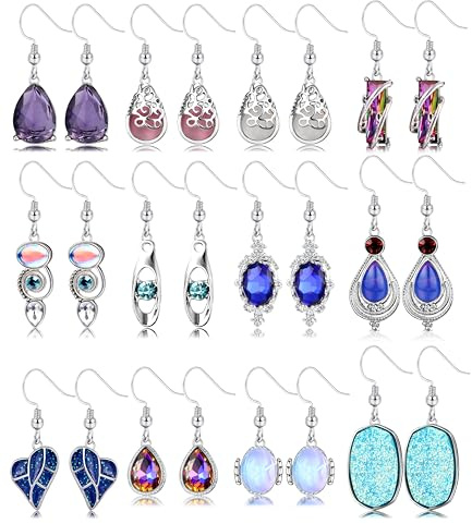 Adramata 12 Pairs Silver Earrings Set for Women Teardrop Druse Crystal Drop Dangle Earrings for Girls Cubic Zirconia Vintage Bohemian Drop Earrings Jewellery Set