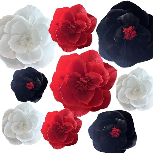 SZHUIHER Carta crespa Fiori Decorazione per Parete Totale 9 Pezzi Fiori Artificiali per Matrimonio Fiore Sfondo Decorazione Bambino Sposa Doccia Festa di Compleanno Rosso Nero Bianco 3D Parete Fiori