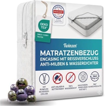 Twinzen - Coprimaterasso Matrimoniale con Cerniera - 160x200 cm - Antiacaro | Altezza 25 cm · Impermeabile · Fodera Materasso · Superficie Spugna · Anti-Cimici · Lavabile a 60°C · Bi-Ome · Oeko-TEX