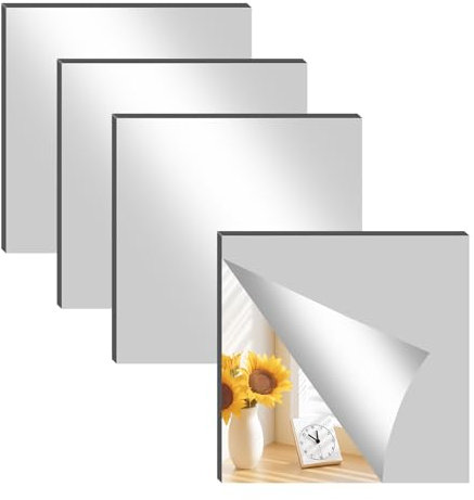 OMJMYY Spiegelfliesen Selbstklebend 20x20cm (4er Set) - HD Glas Spiegel zum Kleben für Wand, Schrank, Badezimmer | Dekorative Wandspiegel Bruchsicher mit Polierter Kante