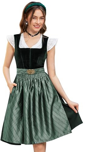 DIRNDLSTERN Damen Trachtenkleid Grün - Trachtenrock Midi Samt Dirndlkleid Oktoberfest Outfit mit Dirndlschürzen 46