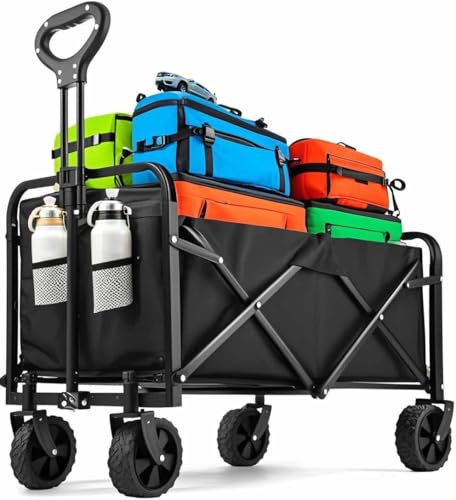 Carro Plegable con Ruedas, Carro de la Compra para Playa, Camping, Jardín o Compra, Ruedas Giratorias 360, Carga 75 kg, Asa Ajustable, Carrito Compra para Transporte de Herramientas, Juguetes (Negro)