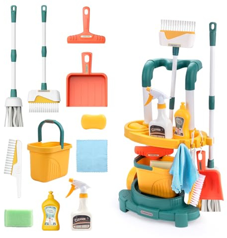 CoolplayKids Cleaning Set with Trolley Storage Rack, 12 - Piece Toddler Pretend Play Housekeeping Toys, Mop Broom Dustpan for Kid Boys and Girls