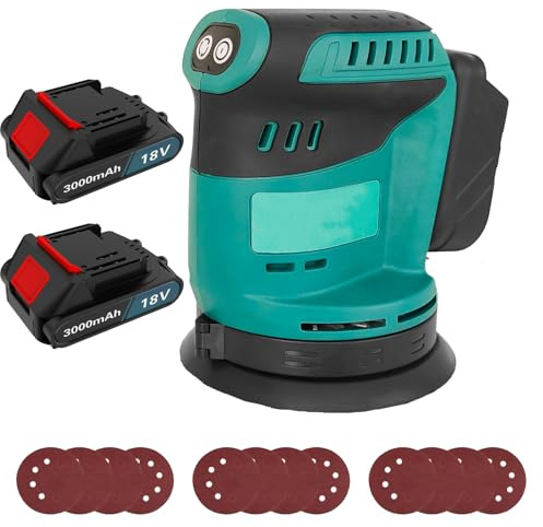 Cordless Orbital Sander with 2X 3000mAh Battery, Brushless Random Orbital with 12 Sandpapers 360°Rotating Sanding, for Sanding, Polishing Metal Wood