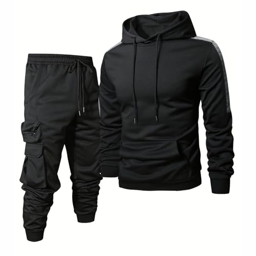 Men's Tracksuits Set Fleece Sweatshirt Hoodie and Jogging Bottoms, Winter Warm Loungewear with Kangaroo Pocket & Drawstring Waist Loungewear Sets Sport Lounge Wear Xmas (Black, L)