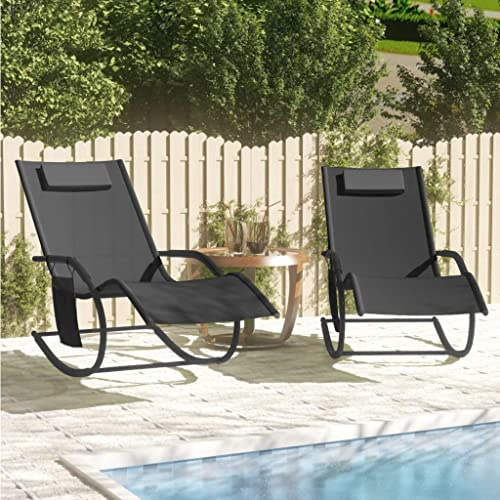 Ziaphsol Schaukelliegen 2 STK. Schwarz, Stahl und Textilene, 147x63x88 cm Gartenliege mit Kopfstütze, atmungsaktiv, für Pool, Terrasse, Outdoor-Entspannung