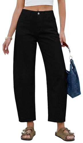 GRAPENT Womens High Waisted Jeans Balloon Pants Short Wide Leg for Women Cowgirl Ankle Barrel Jeans Cropped Denim Pants, True Black, 2XL, US Size 20 to 22