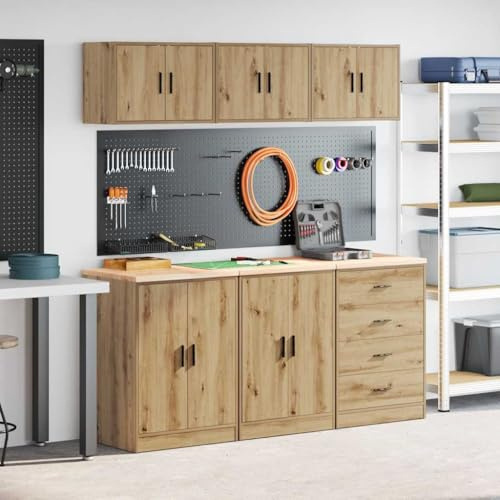Kaloriko Lot de 6 armoires de garage en chêne artisanal avec plan de travail en bois de pin robuste, armoire d'atelier, armoire murale, tiroir, armoire à portes battantes pour atelier, entrepôt et