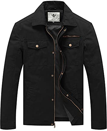 WenVen Chaqueta Clásica al Aire Libre Chaqueta Cuello Solapa Sahariana Cazadora Ligera Entretiempo Chaqueta Otoño Militar Hombres Negro X-Large