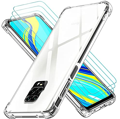 ivoler Funda para Xiaomi Redmi Note 9S / Xiaomi Redmi Note 9 Pro con 3 Piezas Cristal Templado, Carcasa Protectora Antigolpes Transparente, Suave TPU Silicona Caso Delgada Anti-Choques Case