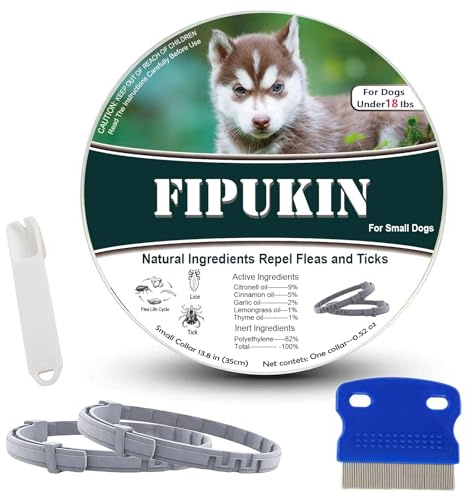 FIPUKIN Flea and Tick Collar for Small Dogs, 2‑Pack | 8‑Month Waterproof Protection with Natural Essential Oils | Includes Comb & Tick Removal Tool
