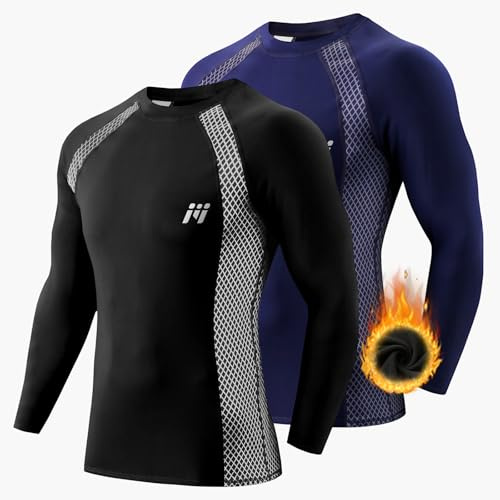 MEETWEE Tee Shirt Thermique Homme, Manche Longue Maillot de Compression Base Layer sous-Vêtements Thermique pour Sports Ski Running, Lot de 2, Noir et Bleu, Taille XL