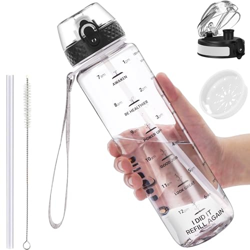 GOPPUS 1L/32oz Borraccia con Cannuccia Borraccia Motivazionale Tenuta Stagna con Marcature del Tempo Bottiglia Sportiva in Tritan per Palestra Scuola Bottiglia per Adulti Senza BPA con 2 Coperchi