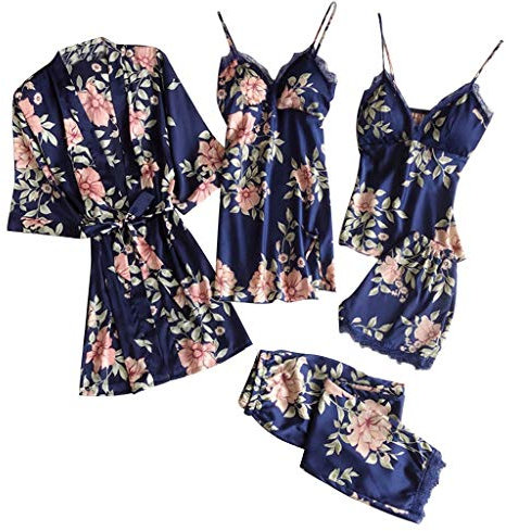 Damen 5 Stücke Satin Schlafanzug Set Spitze Kimono Robe Pyjama Set Sexy Negligee und Shorts Nachthemd 4-teiliges Set, Mit Brustpolster