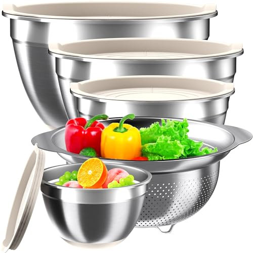 Mixing Bowls with Airtight Lids Set, 4 Stainless Steel Bowls Nesting Bowls & Colander, Kitchen Organizers and Storage Non-Slip Bottom, Size 1.5/2.0/2.5/4.5QT, Great for Mixing & Serving, Khaki