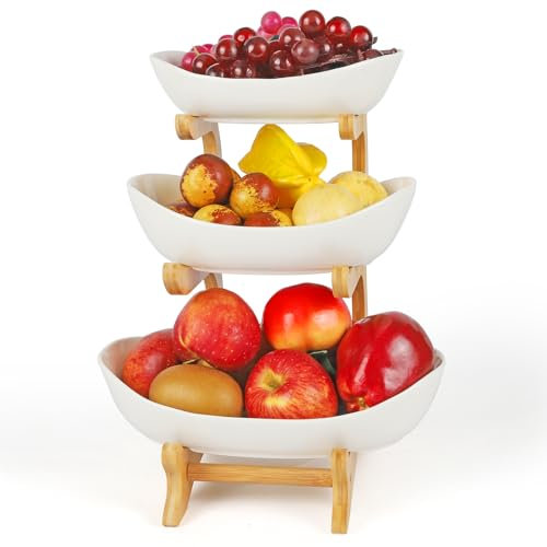 Présentoir à fruits à 3 étages, Corbeille a Fruits Céramique avec support en bois résistant, Plateaux de Service pour Gâteaux Fruits Dessert, Décoration Coupe de Fruit (blanc)