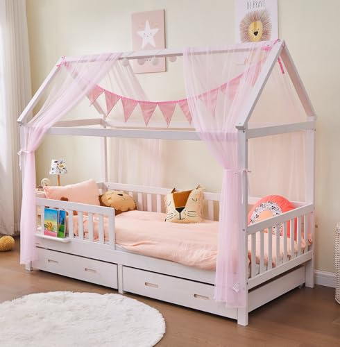 ALAVYA HOME® Juego de decoración para cama de casa de 3 piezas, con dosel, 1 banderín de 300 cm de largo, para cama infantil, 100 % algodón orgánico, 150 x 350 cm, sin cadena de luces, color rosa