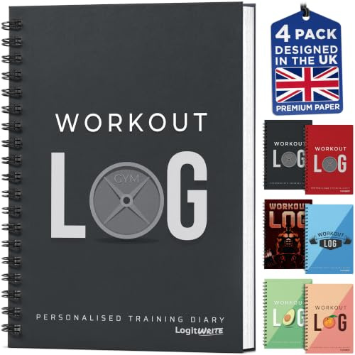 Workout Planner for Daily Fitness Tracking & Goals Setting - 4 Pack, A5 Size, 6” x 8”, Charcoal Grey - Improved Thicker Cover - Men & Women Home & Gym Training Diary - Log Book - by Workout Log Gym