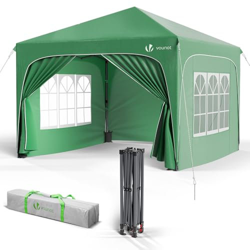 VOUNOT® Carpa Plegable Gazebo 3x3m con 4 Paredes Laterales 4 Sacos Arena y Bolsa de Transporte, Cenador Impermeable Pabellón de Jardín Protección UV para Camping, Fiestas, Exterior, Color Verde
