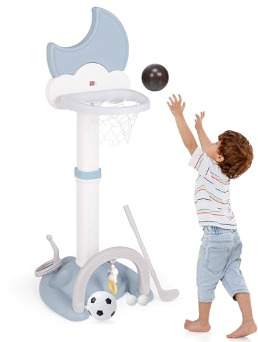 GOPLUS Canasta de Baloncesto 4 en 1 para Niños, Centro Deportivo Ajustable con Marcador Electrónico en Forma de Luna, Juego Deportivo de Baloncesto, Fútbol y Golf para Niños (Azul)