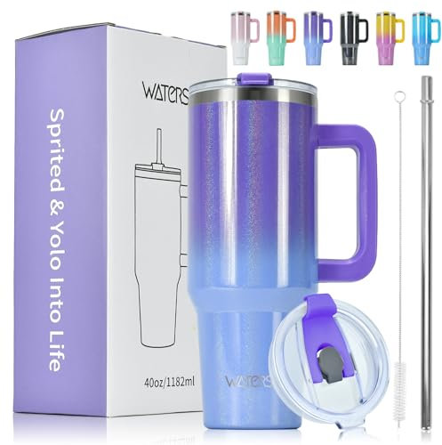 WATERSY 1182ml Gobelet à Café à Emporter, Double Paroi en Acier Inoxydable, Anti-fuite, Avec Poignée et Paille, Chaudes Pendant 12 Heures et Froides Pendant 24 Heures, Violet Bleu Brillant