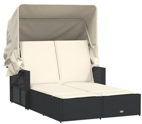 Emmtore Doppel Sonnenliege, Sonnenbett mit ausziehbarem Sonnendach, Doppelliege mit Verstellbarer Rückenlehne, Gartenmöbel Gartenliege,Poly Rattan,Schwarz und Creme