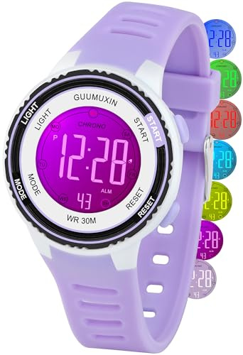 GUUMUXIN Reloj Digital para Niños, Reloj Deportivo con 7 Luces Indicadoras de Color, Pantalla de Reloj Acrílica, Resistente al Agua hasta 3 ATM, Reloj de Pulsera para Niñas y Niños