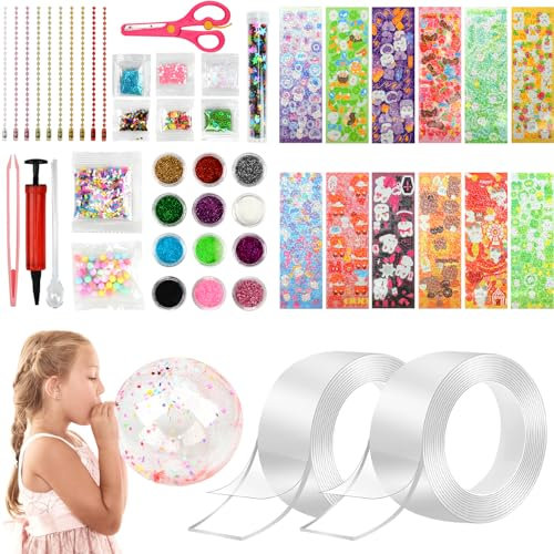 VICTERR 2 Rouleaux Ruban Adhésif Nano Tape, DIY Jouet Nano Bubble Tape avec Pompe, Poudre Scintillante, Autocollants, Transparent Double-Face Rubans à Bulles Nano Kit D'artisanat pour Enfants Adultes