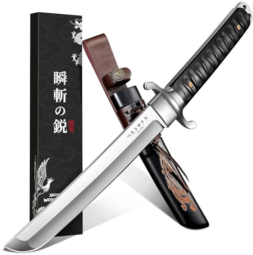 FUSIONKEI Japanese Fixed Blade Knife, Tanto Knife with Phoenix Carved Sheath, Tanto Samurai Knives for Camping Outdoor, Collection for Men