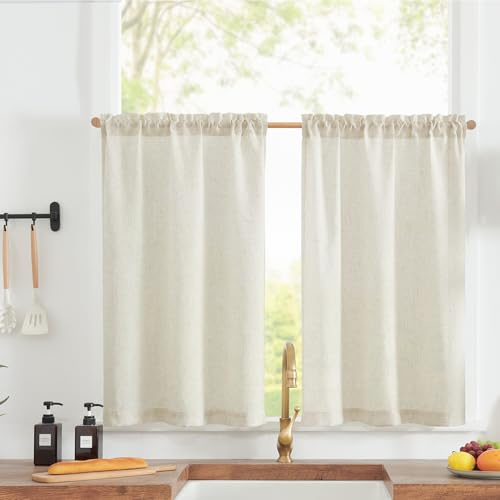 TOPICK Scheibengardinen Küche H 75 x B 65 (cm) 2er Set Leinenoptik Küchengardinen Fenstergardinen Kurz für Wohnzimmer Schlafzimmer modern Blickdicht Küchenvorhang Vorhänge Lichtdurchlässig Beige