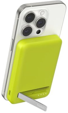 Belkin BoostCharge Pro Wireless Power Bank 5000mAh with Qi2, MagSafe compatible portable charger + built-in pop-up kickstand, battery pack for iPhone 16, iPhone 15, 14, 13, 12 and more - Cyber Lime