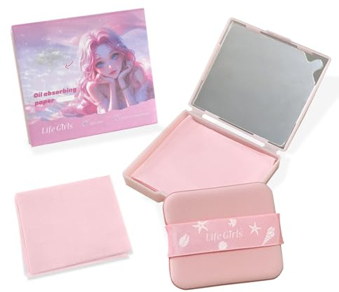 BOROLA 3-in-1 Ocean Fresh Oil Blotting Paper Set for Face 100 Sheets Absorbing Sheets with Portable Mirror & Adhesive Makeup Puff, Blotting Papers for Oily Skin, Design for Women(Light Cherry Pink)
