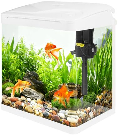 Small Glass Aquarium Tank 16L with Filter and Light, All-in-One Desktop Glass Fish Tank Kit with Pump for Goldfish, Betta, Shrimp, White(XS-320）
